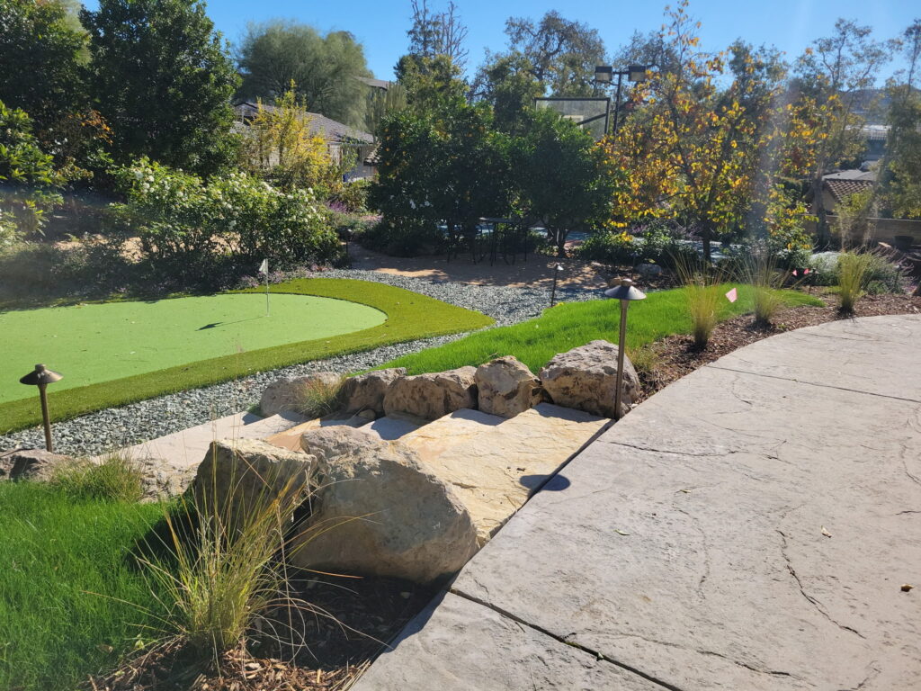 Backyard garden with a small putting green, stone border, and lush shrubs under a bright blue sky.