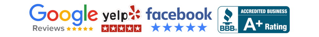 Logos for Google, Yelp, and Facebook with star rating badges and a BBB A+ accreditation badge.