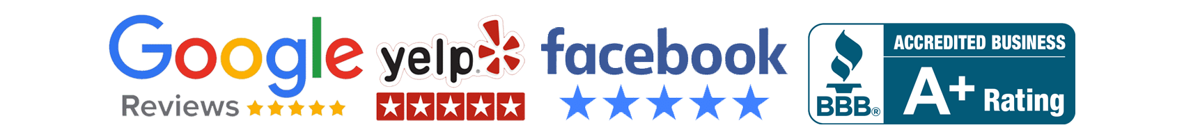 Logos for Google, Yelp, and Facebook with star rating badges and a BBB A+ accreditation badge.