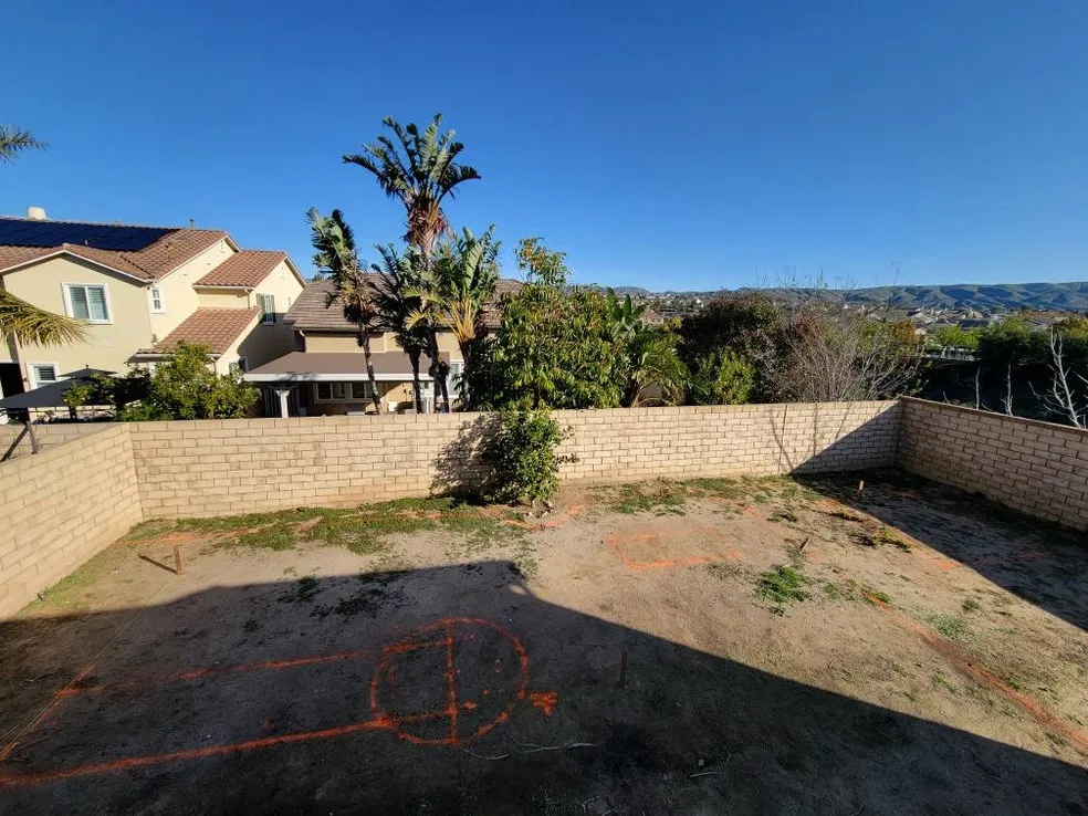 Vacant backyard with a brick wall, orange construction markings on dirt, a central tree, and neighboring beige houses under a clear blue sky.