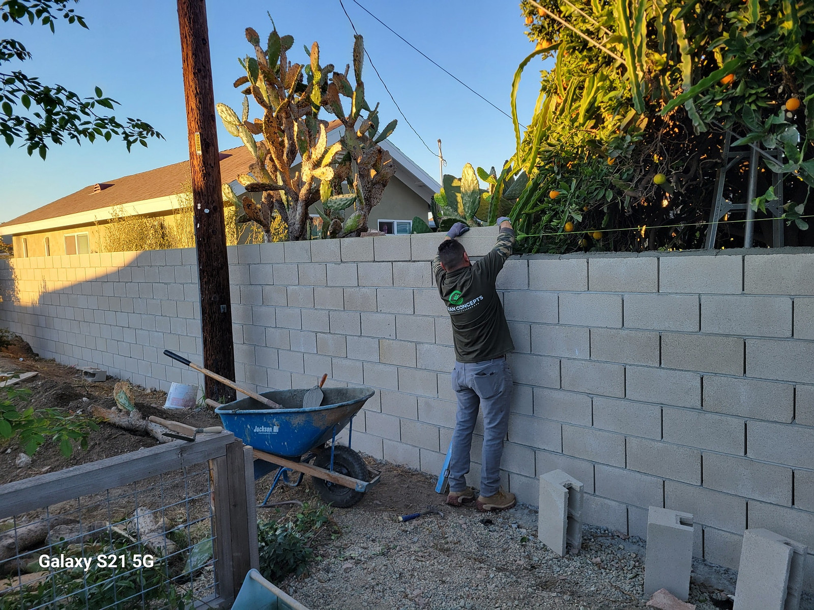 Construction worker builds a concrete block wall in a backyard, wheelbarrow and tools nearby.